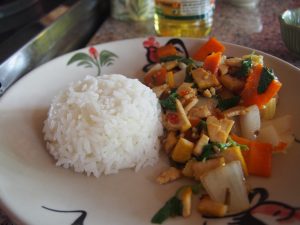 Stir fried hot basil with tofu (Pad Kra Proaw)