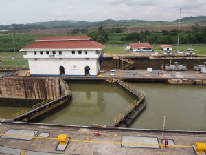 The two lanes of Miraflores Locks